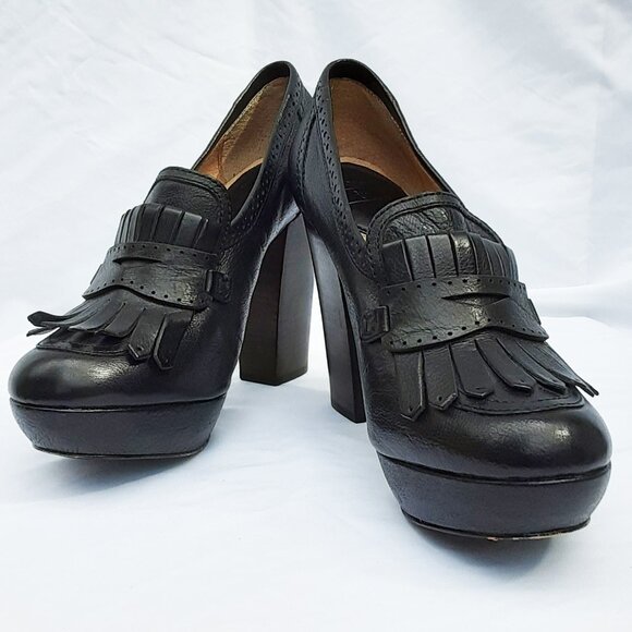 FRYE Naiya Kiltie Moc Black Leather Heels Size 11M - Picture 1 of 11